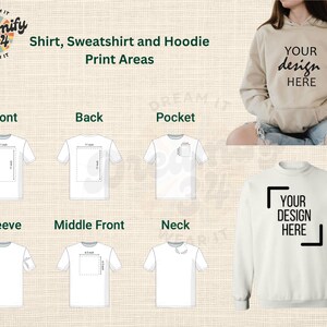 May include: A guide showing print areas for apparel, featuring a beige hoodie and sweatshirt with the text YOUR DESIGN HERE. Diagrams illustrate front, back, pocket, sleeve, middle front, and neck placement options with 11-inch dimensions.