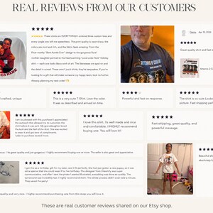 May include: A collage of customer reviews for custom t-shirts, featuring five-star ratings and photographs of people wearing shirts with various graphic prints, including a family portrait, an Artemis II crew design, and a puppy illustration.