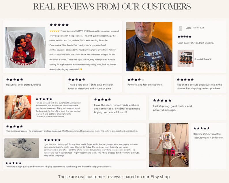 May include: A collage of customer reviews for custom t-shirts, featuring five-star ratings and photographs of people wearing shirts with various graphic prints, including a family portrait, an Artemis II crew design, and a puppy illustration.