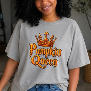 Adult t-shirt, toddler t-shirt, youth t-shirt, and adult or youth sweatshirt with personalized pumpkin family title graphic such as Queen, King, Princess, or Prince