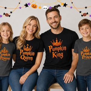 Adult t-shirt, toddler t-shirt, youth t-shirt, and adult or youth sweatshirt with personalized pumpkin family title graphic such as Queen, King, Princess, or Prince