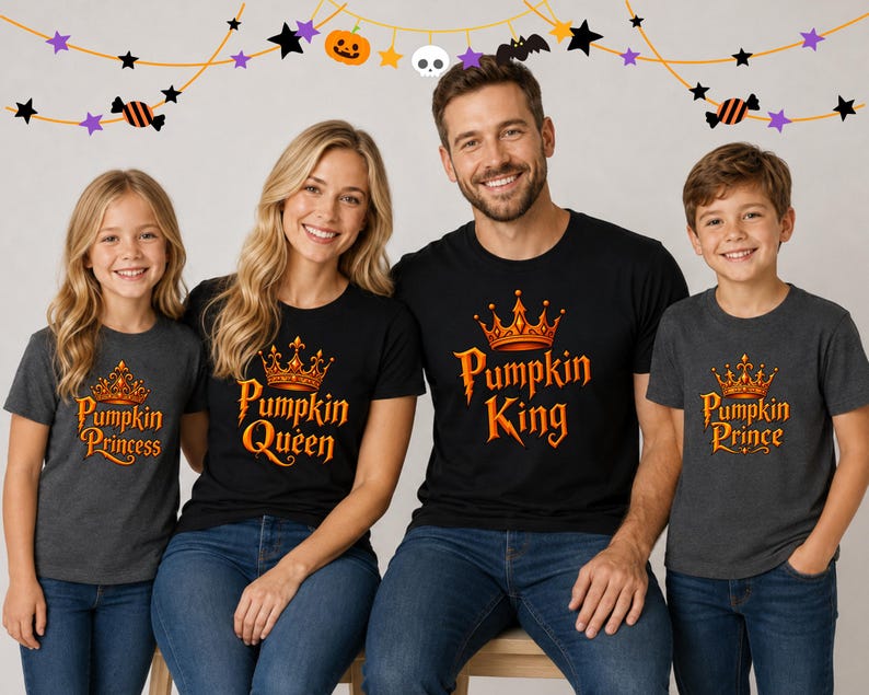 Adult t-shirt, toddler t-shirt, youth t-shirt, and adult or youth sweatshirt with personalized pumpkin family title graphic such as Queen, King, Princess, or Prince