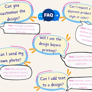 Puede incluir: Un gr&aacute;fico de preguntas frecuentes con burbujas de di&aacute;logo en amarillo, rosa y azul. Las preguntas incluyen personalizaci&oacute;n, env&iacute;o de fotos, vistas previas de dise&ntilde;o y agregar texto. Las respuestas se proporcionan en texto blanco dentro de burbujas con bordes negros.