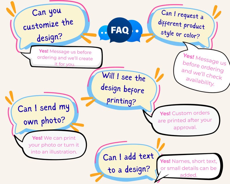 Puede incluir: Un gr&aacute;fico de preguntas frecuentes con burbujas de di&aacute;logo en amarillo, rosa y azul. Las preguntas incluyen personalizaci&oacute;n, env&iacute;o de fotos, vistas previas de dise&ntilde;o y agregar texto. Las respuestas se proporcionan en texto blanco dentro de burbujas con bordes negros.
