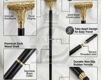 Bastone da passeggio di lusso con impugnatura in ottone, bastone vintage in legno, misura standard