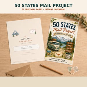 Pode incluir: Um conjunto imprimível 50 States Mail Project com duas páginas que mostram ilustrações de uma carrinha vintage, montanhas, árvores e uma caneca de café. O texto diz 50 States Mail Project, A Family Geography Adventure, Explore, Learn, Discover, Together e Adventure Awaits.