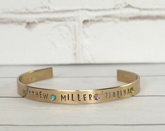 Gold Personalized Hand Stamped Cuff bracelet with birthstones