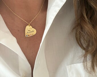 Hand Stamped MAMA layered Hearts Birthstone Necklace