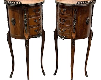 Pair of French Louis XV Style Inlaid Round Nightstands with Gallery