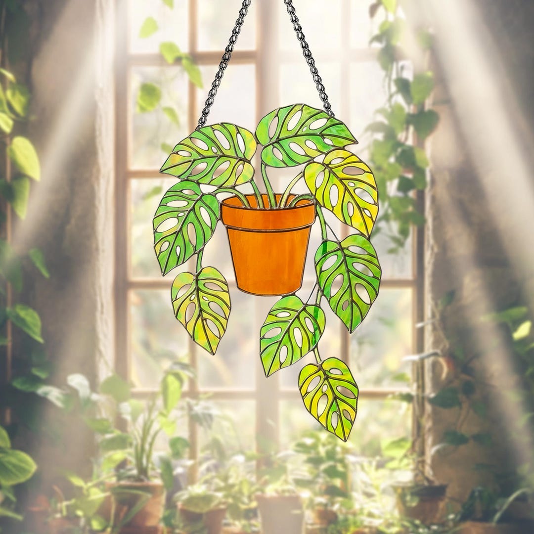 Stained Glass Monstera Plant Suncatcher Window Hanging Botanical Leaf ...