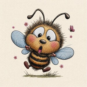 May include: A cartoon illustration of a fuzzy, surprised bee with large eyes, a round body with black and yellow stripes, and light blue wings. The bee has pink cheeks, two antennae, and is surrounded by small pink flowers and a tiny butterfly.