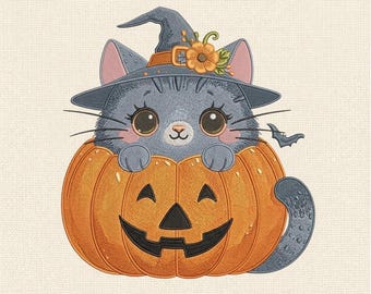 Lindo diseño de bordado a máquina de gato bruja y calabaza, archivo de bordado de gatito de Halloween, decoración espeluznante de animales de otoño