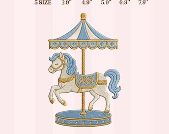 Blauwe carrousel paard borduurwerk ontwerpen, vintage draaimolen machine borduurbestand, babyjongen patch, instant download