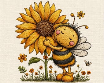 Bee Sunflower Embroidery Design, Cute Bumble Bee Hugging Sunflower Machine Embroidery File, Floral Pattern