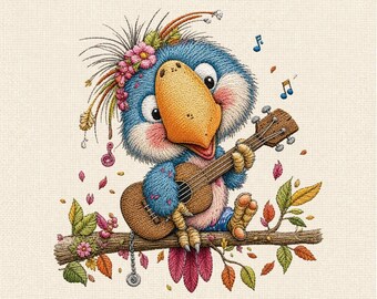 Cute Blue Bird Embroidery Design, Singing Bird with Guitar Machine Embroidery File, Musical Bird Digital Pattern