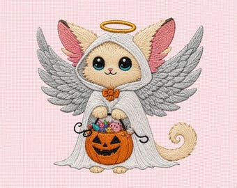 Süßer Engel Kitty Halloween Maschinenstickerei, Geist Katzen Stickdatei, Kürbis Süßigkeitstüte Stichmuster