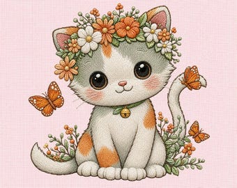 Floral Kitten Machine Embroidery Design File, Cute Cat with Flower Crown Embroidery Pattern