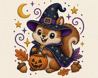 Cute Squirrel Wizard Halloween Machine Embroidery Design, Kawaii Squirrel with Pumpkin Embroidery File