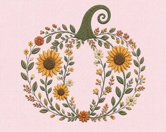 Sonnenblume Kürbis Kranz Maschinenstickerei, Herbst Blumen Stickdatei, Rustikaler Herbst Türkranz Stickdatei