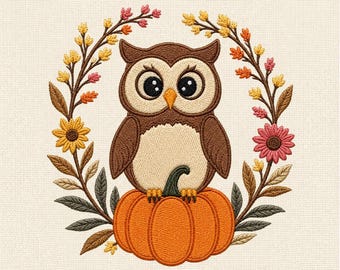 Autumn Owl Machine Embroidery Design, Cute Owl on Pumpkin Embroidery File, Fall Floral Woodland Pattern