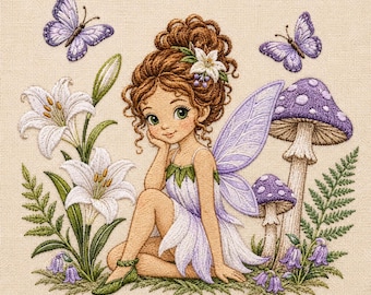 Lily Fairy Embroidery File, Cute Sitting Fairy Machine Embroidery Design, Woodland Mushroom Butterfly Pattern, Instant Download