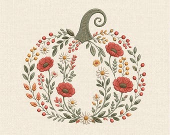 Blumen Kürbis Kranz Maschinenstickerei, Herbst Kürbis Stickdatei, Rustikaler Herbst Blumenmuster