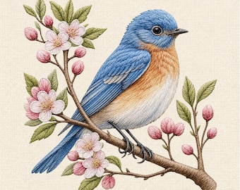 Frühling Blüte Stickdatei, Vogel auf Ast Maschinenstickerei, Frühling Blumenmuster, Instant Download