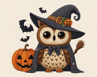 Cute Witch Owl Machine Embroidery Design, Halloween Owl with Pumpkin Embroidery File, Spooky Bird Pattern
