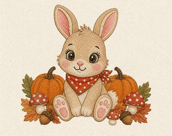 Cute Autumn Bunny Machine Embroidery Design, Fall Rabbit with Pumpkins, Mushroom Embroidery Pattern, Woodland Animal Decor
