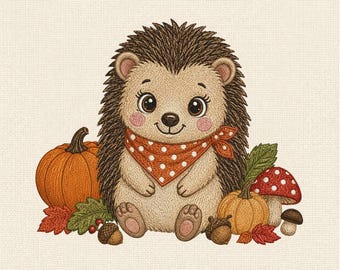 Cute Hedgehog Machine Embroidery Design, Autumn Hedgehog with Pumpkins and Mushrooms, Woodland Fall Embroidery Pattern
