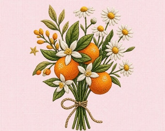 Orange Blossom Bouquet Embroidery Design, Citrus Flowers and Daisies, Botanical Machine Embroidery File