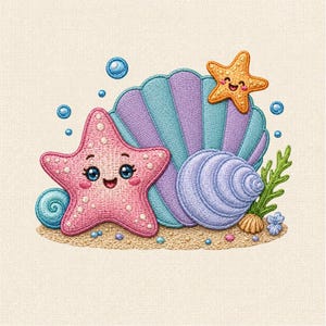 May include: An embroidered design featuring a large pink starfish with a smiling face, a purple and teal fan-shaped seashell, a smaller orange starfish, a spiral shell, green seaweed, and small blue bubbles on a sandy base.