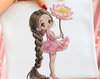 Ballerina Machine Embroidery Design, Long Braid Girl Ballet Pattern, Pink Tutu Girl with Lotus Flower Embroidery Instant Download