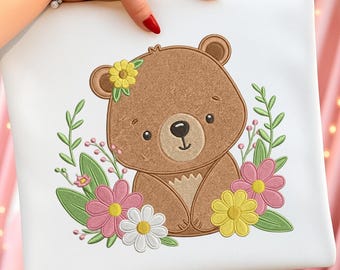 Floral Bear Embroidery Design, Cute Teddy with Flowers, Baby Nursery Embroidery Design, Instant Download Dst Pe