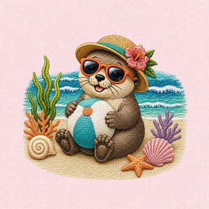 Może przedstawiać: Haftowana ilustracja brązowej wydry w słomkowym kapeluszu z różowym kwiatem hibiskusa i pomarańczowymi okularami przeciwsłonecznymi. Wydra trzyma niebiesko-białą piłkę plażową na piaszczystym brzegu z zielonymi algami, koralowcami i muszlami.