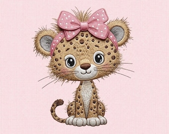 Cute Baby Leopard Embroidery Design, Girl Leopard with Pink Bow, Woodland Animal Machine Embroidery File, Nursery Decor