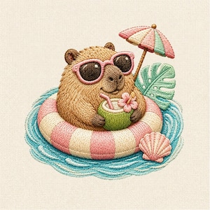 Summer Capybara Embroidery Design File, Cute Pool Float Capybara Machine Embroidery Pattern, Tropical Animal