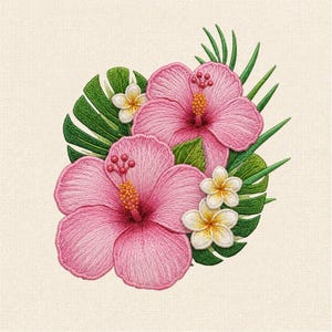 May include: An embroidery design featuring two large pink hibiscus flowers with prominent yellow stamens, three smaller white and yellow plumeria blossoms, and several green tropical monstera and palm leaves on a textured cream fabric background.
