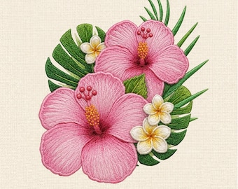 Pink Hibiscus Floral Machine Embroidery Design, Tropical Plumeria Leaves Summer Flower Embroidery File, Instant Download