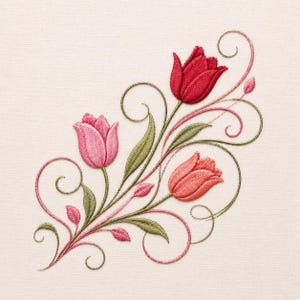 May include: Embroidered floral design featuring three tulips in shades of red and pink, with green leaves and swirling stems. The design is set against a cream-colored background, creating a delicate and elegant aesthetic.
