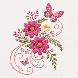 Può includere: Un ricamo che raffigura due grandi fiori rosa con centri gialli, circondati da foglie verdi, piccoli boccioli rosa e due farfalle. La composizione include delicate linee rosa a spirale che collegano gli elementi floreali tra loro.