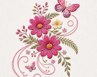 Machineborduurbestand met roze bloemenvlinder, Cosmos Flower Vine Stitch Design, borduurwerk lentetuin