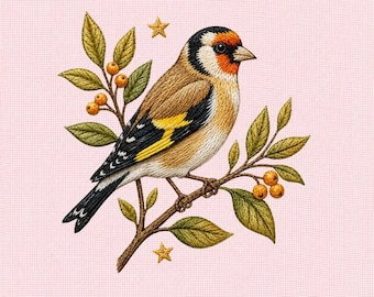 Borduurontwerp distelvink, zangvogel op tak met bladeren en bessen, machineborduurbestand natuur