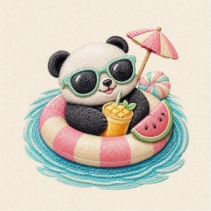 Archivo de diseño de bordado de panda de verano, lindo patrón de bordado a máquina de panda playero, bordado de sandía de verano