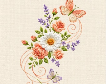 Orange Daisy Rose Butterfly machineborduurbestand, Floral Vine Lavender Stitch Design, Spring Embroidery