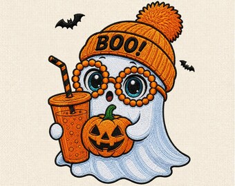 Lindo diseño de bordado a máquina de fantasma Boo, archivo de bordado de fantasma de Halloween, decoración espeluznante de bebida de calabaza