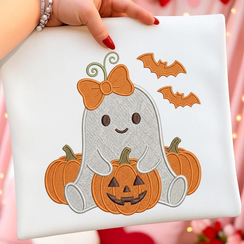 Cute Ghost with Pumpkins Machine Embroidery Design, Halloween Ghost Embroidery File, Kawaii Fall Decor image 2