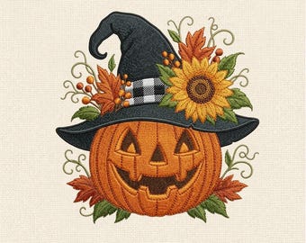 Kürbis Hexenhut Maschinenstickerei, Sonnenblume Halloween Stickdatei, Herbst Kürbis Blumenmuster