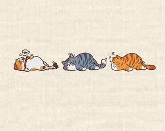 Sleeping Cats Embroidery Design Set, Lazy Kitty Trio Machine Embroidery File, Cute Cat Pattern Bundle