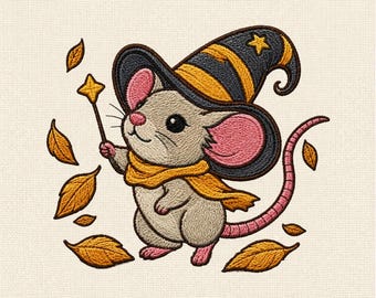 Herbst Hexe Maus Stickdatei, Herbstblätter Stickmuster, Maschinenstickerei